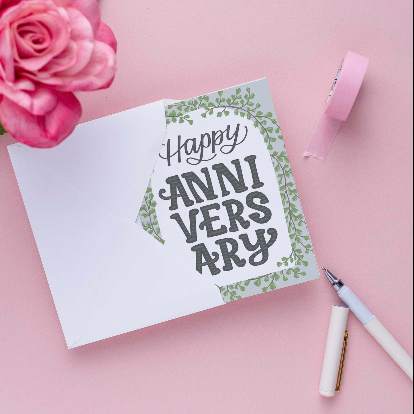 Arched Greenery Happy Anniversary Card