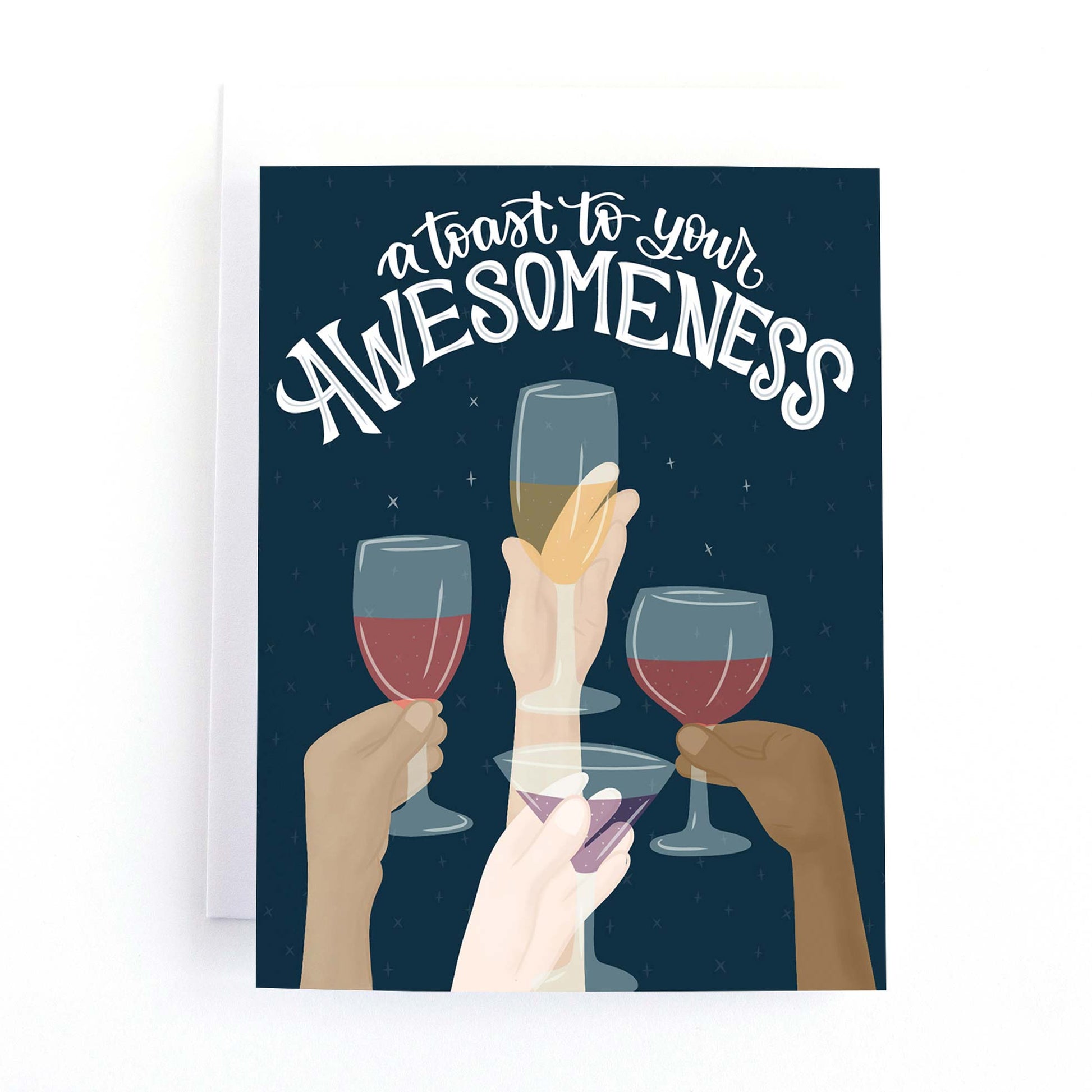 A congratulations card that features several hands making a toast and the text, "a toast to your awesomeness"