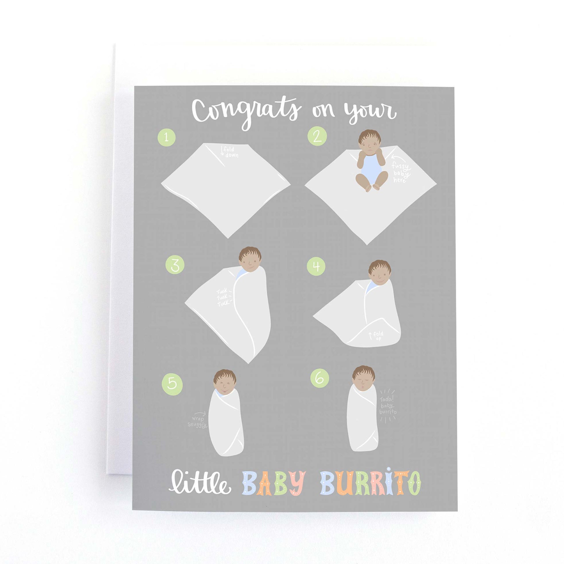 New baby card featuring an infographic on how to swaddle a newborn baby.