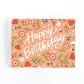Pink floral birthday card with red and pink flowers strawberries and the message happy birthday