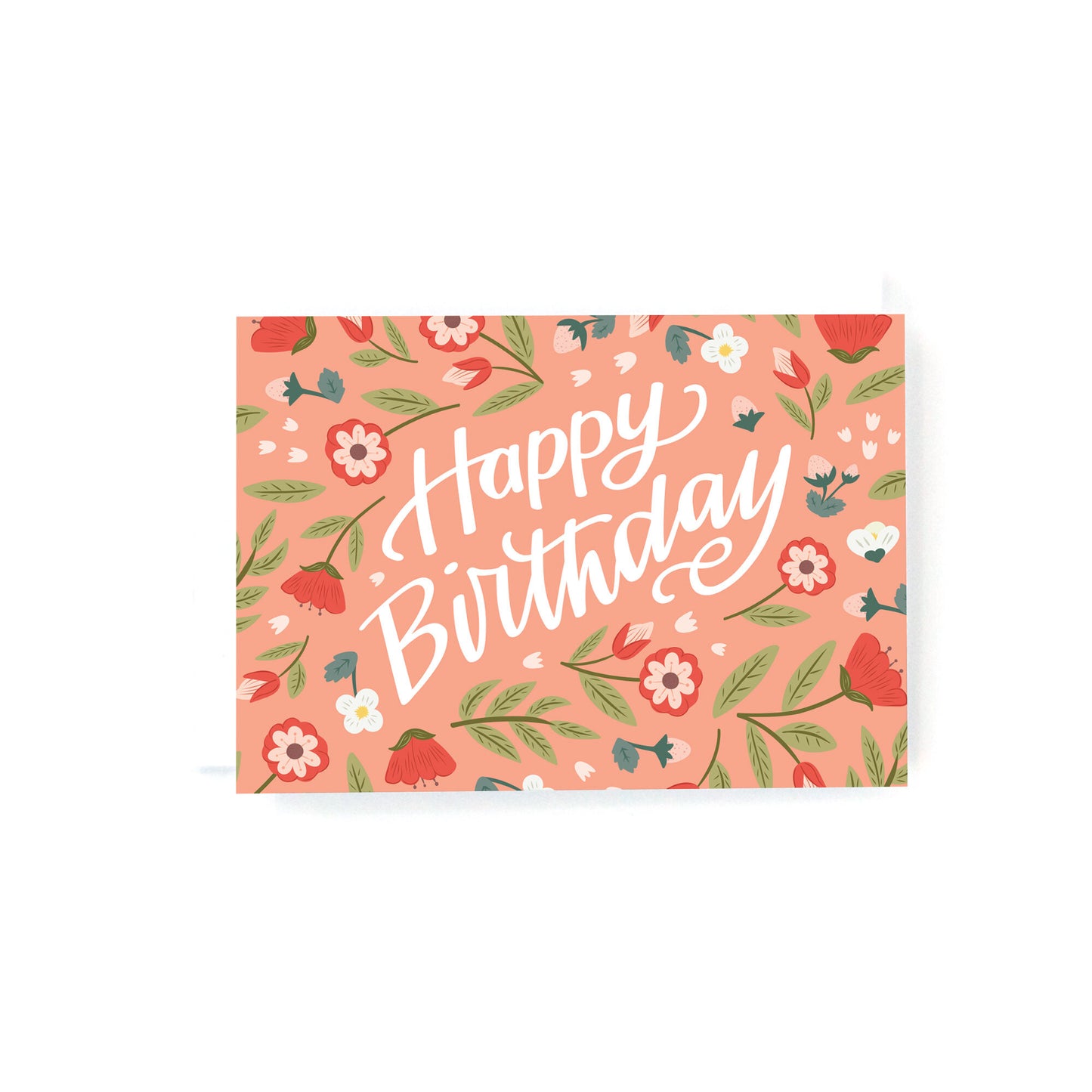 Mini birthday card with red and pink flowers and strawberries on a pink background with the hand lettered text, Happy Birthday.