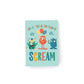 kids mini birthday card with illustrations of cute monsters ready to party with confetti, party hats, cake and balloons and the text, I hope your birthday is a scream.