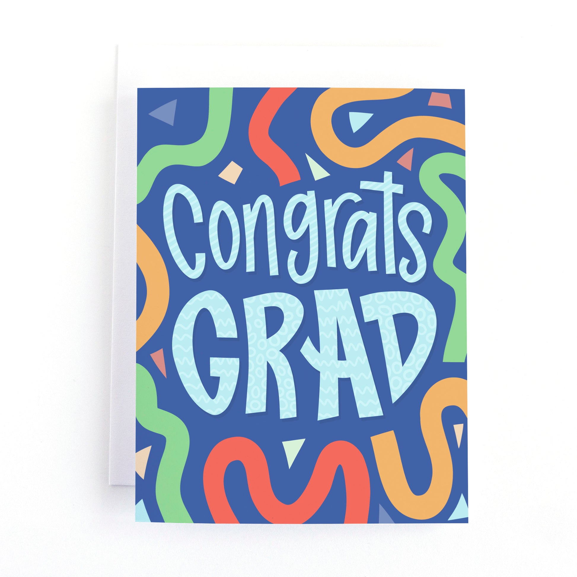 colourful graduation card with streamers and confetti and the text, congrats grad!
