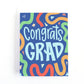 colourful graduation card with streamers and confetti and the text, congrats grad!