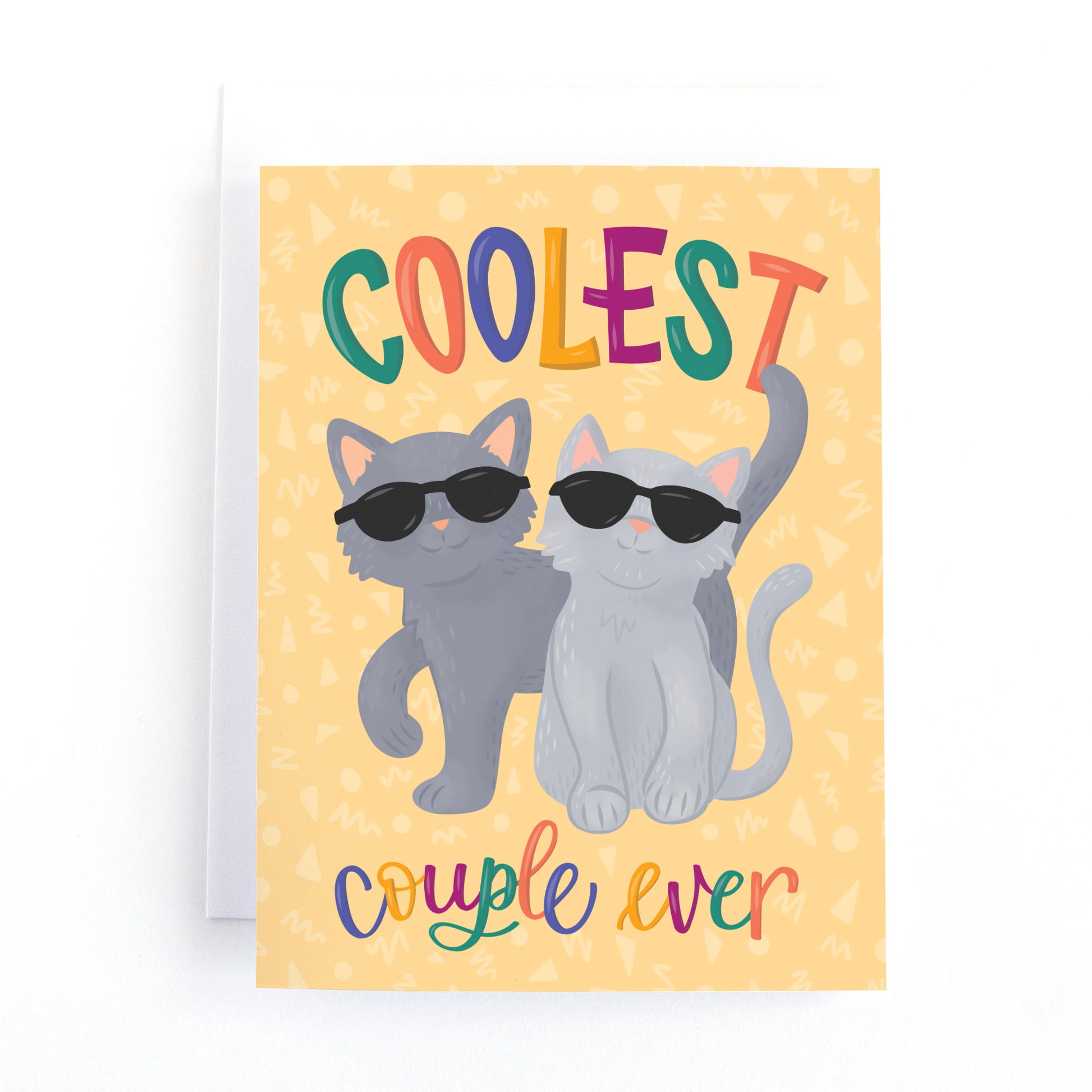 Anniversary card with two cats wearing sunglasses and the text, coolest couple ever.