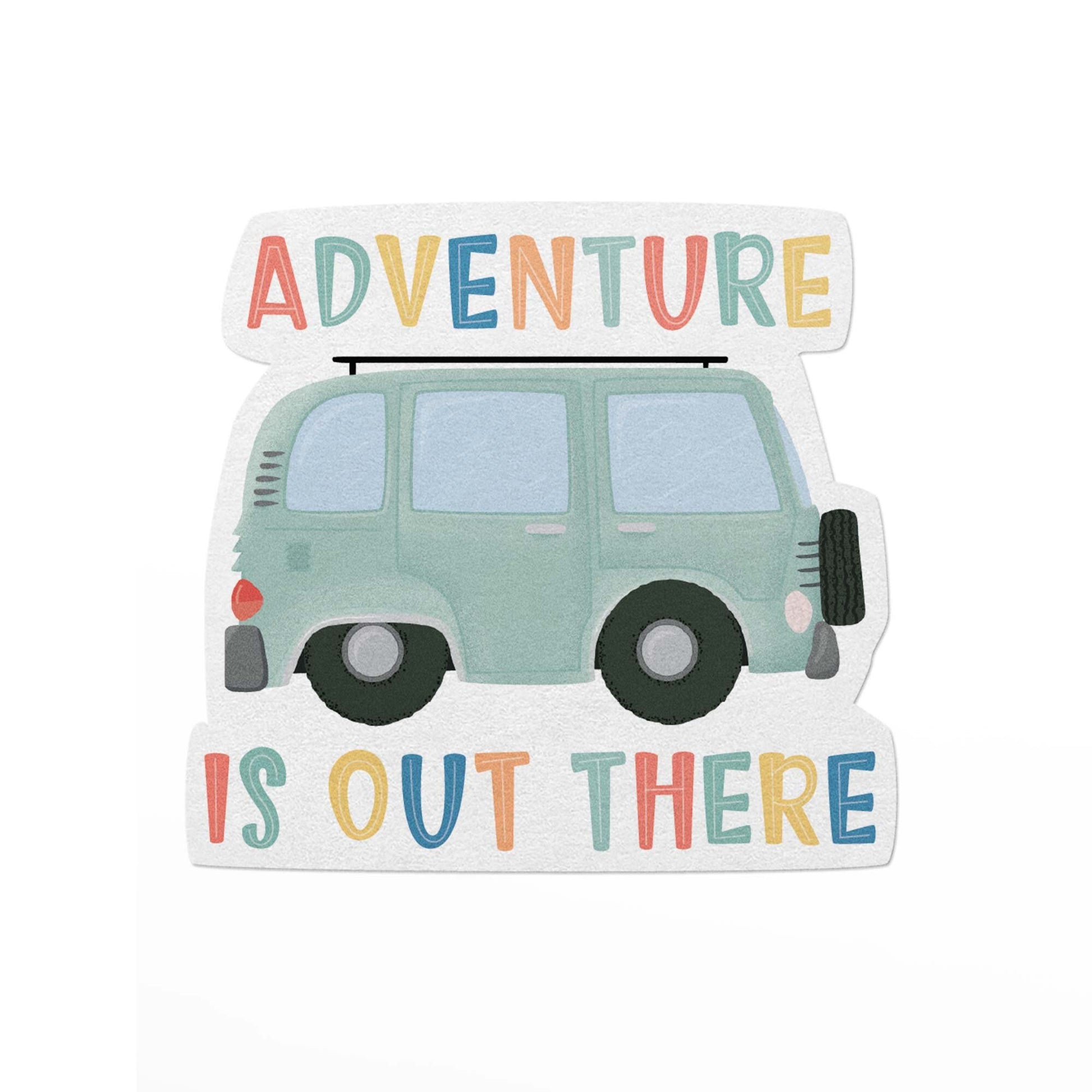 vinyl sticker with a vintage camper van and the multicoloured text, adventure is out there.