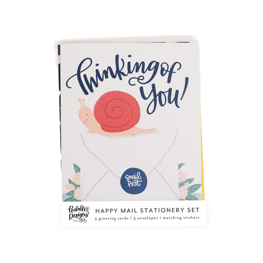 Snail mail themed stationery set that contains 3 matching greeting cards with coordinating stickers.