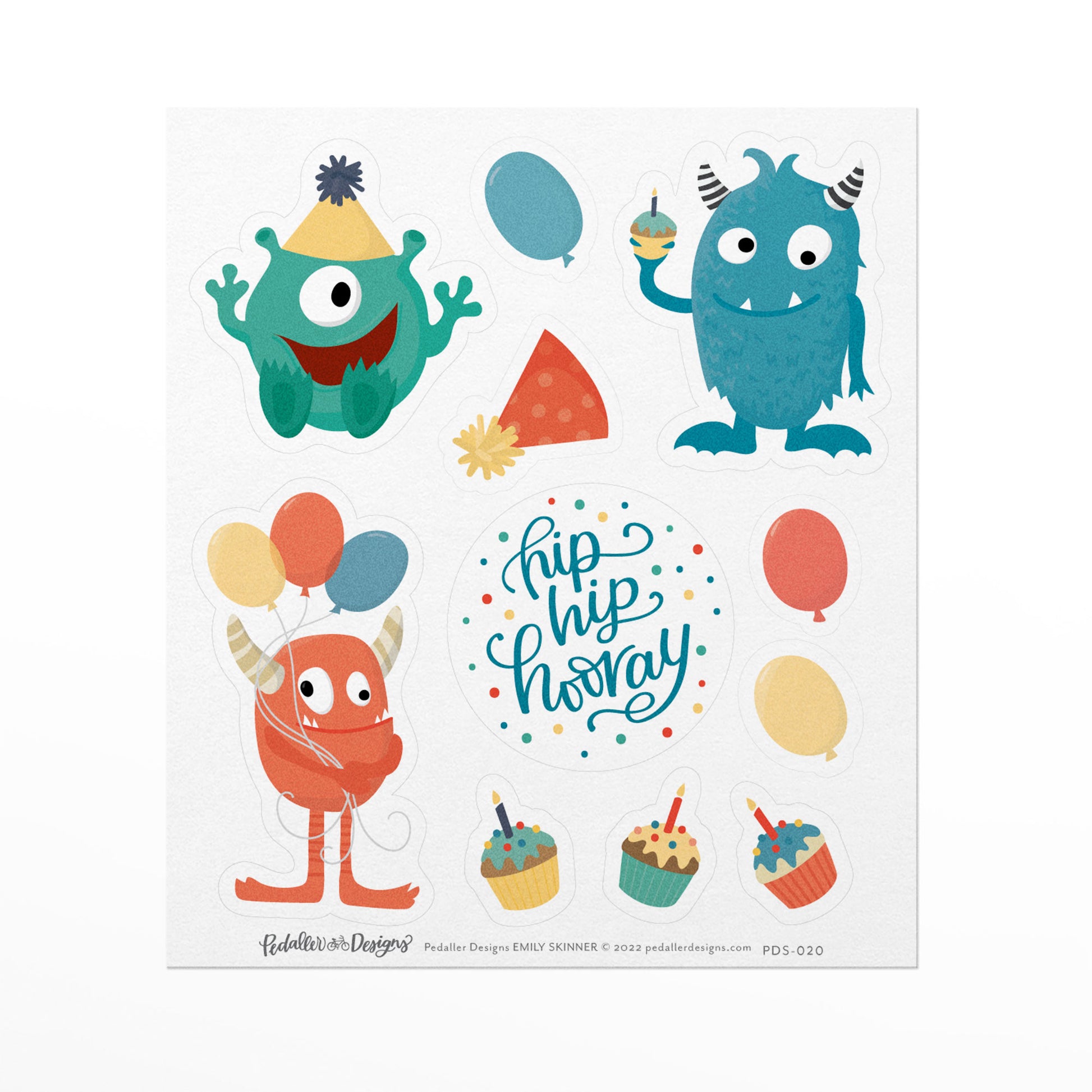 Birthday monster themed sticker sheet with  11 stickers of monsters wearing party hats and holding balloons and cupcakes sized at 1.5 to 0.5 inch.