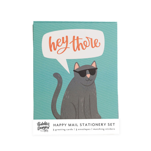 Greeting Card Boxed set with 3 matching cat themed greeting cards with matching stickers.