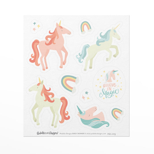 Unicorn themed sticker sheet with 10 stickers of unicorns, rainbows and sparkles sized 1.5 to 05 inch.