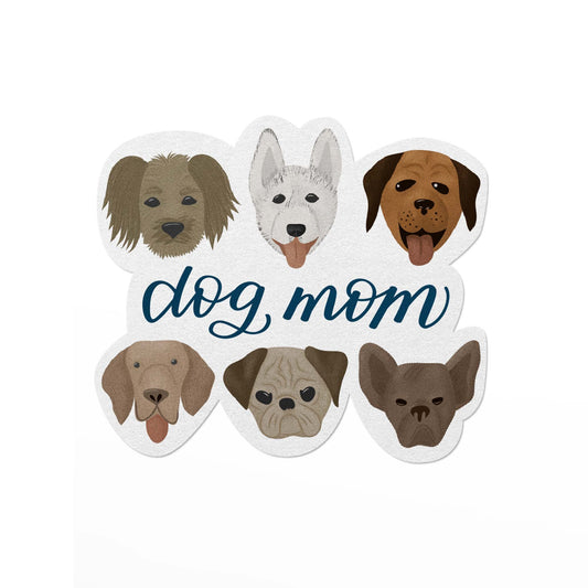Vinyl Sticker with illustrations of several dog breed faces and the text Dog Mom.