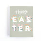 Eater card with cute easter bunnies playing hide and seek in the flowers surrounding the text, Happy Easter.
