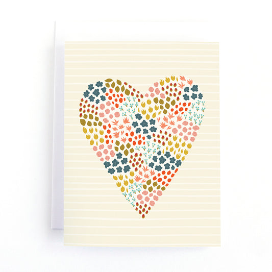 Modern love card with a heart made of tiny flowers, leaves and berries on a subtle striped background.