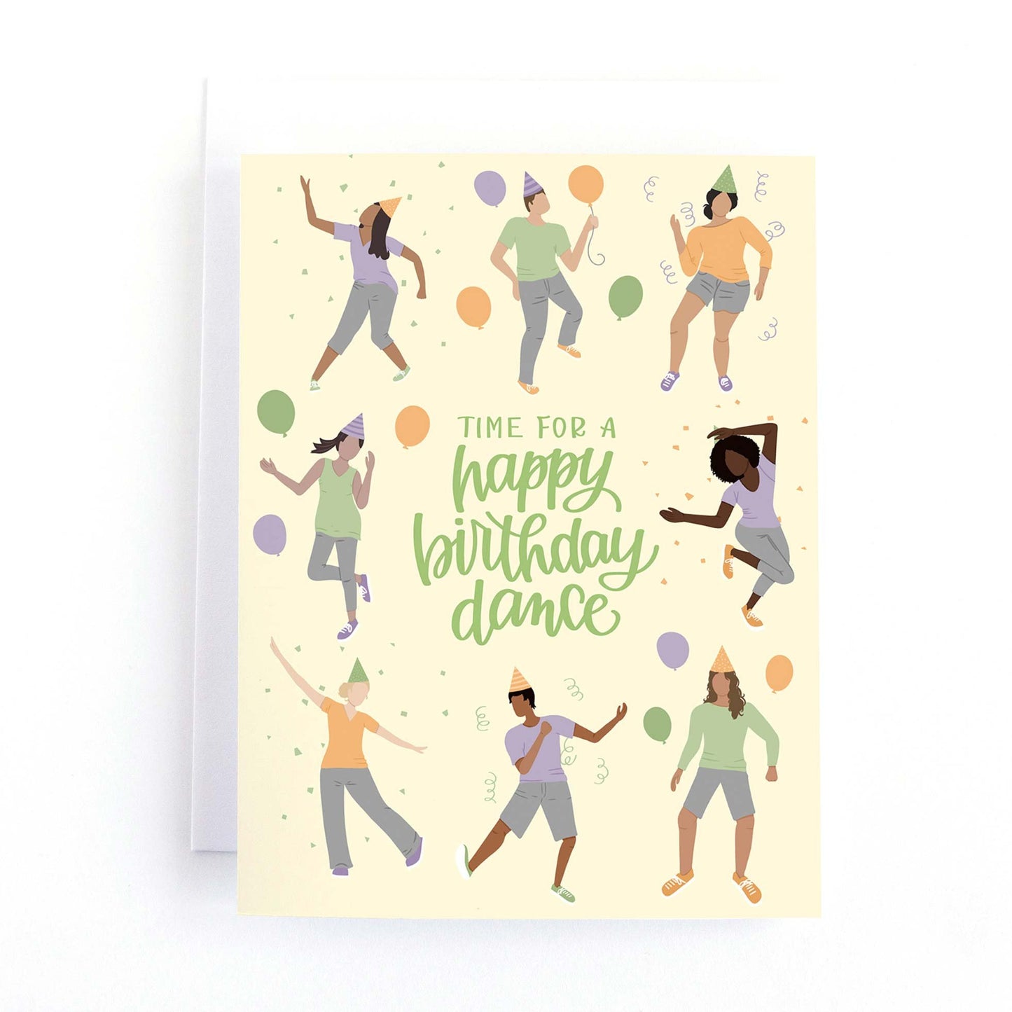 birthday card featuring illustrations of people in party hats with balloons dancing to celebrate the recipient's birthday and the text, time for a happy birthday dance