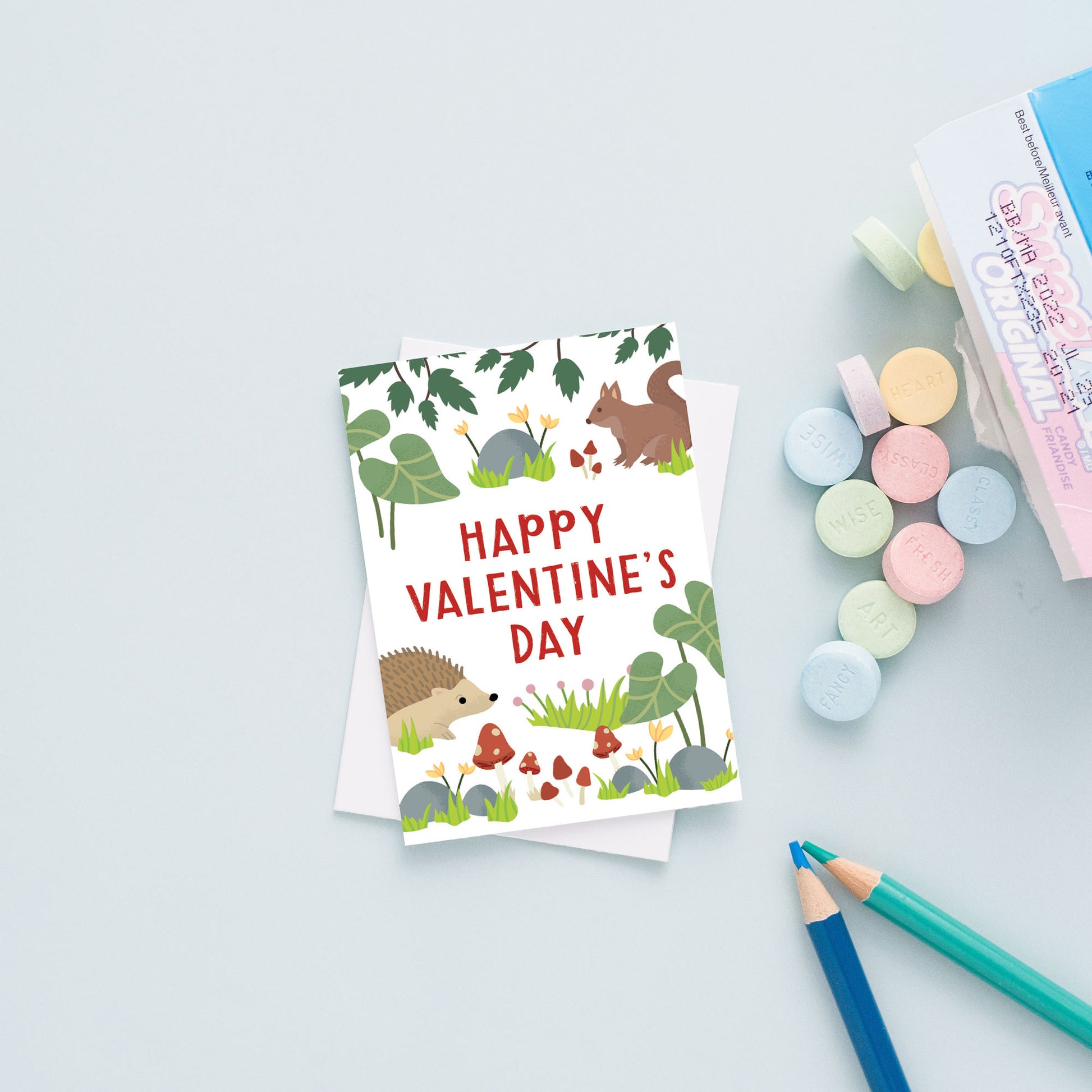 kid's hedgehog valentine card set with cute woodland illustrations on mini cards with matching envelopes and stickers.