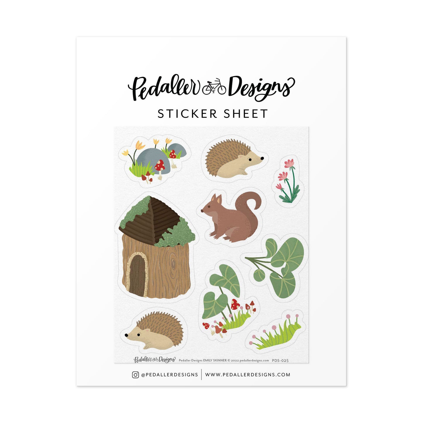 woodland themed sticker sheet with 9 stickers sized 1.5 inches to 0.5 inches featuring hedgehogs, squirrels, flowers, mushrooms and a fairy house.