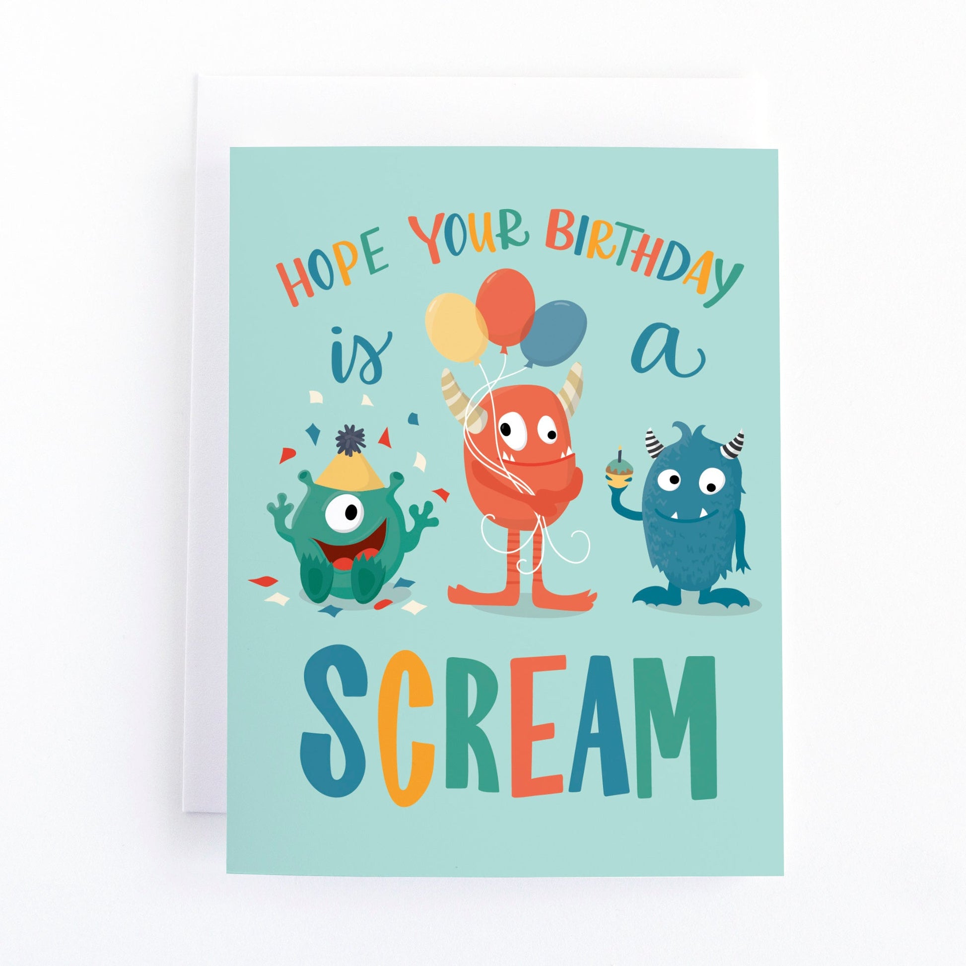 Kids birthday card with three cute monsters holding balloons, cupcakes and tossing confetti.