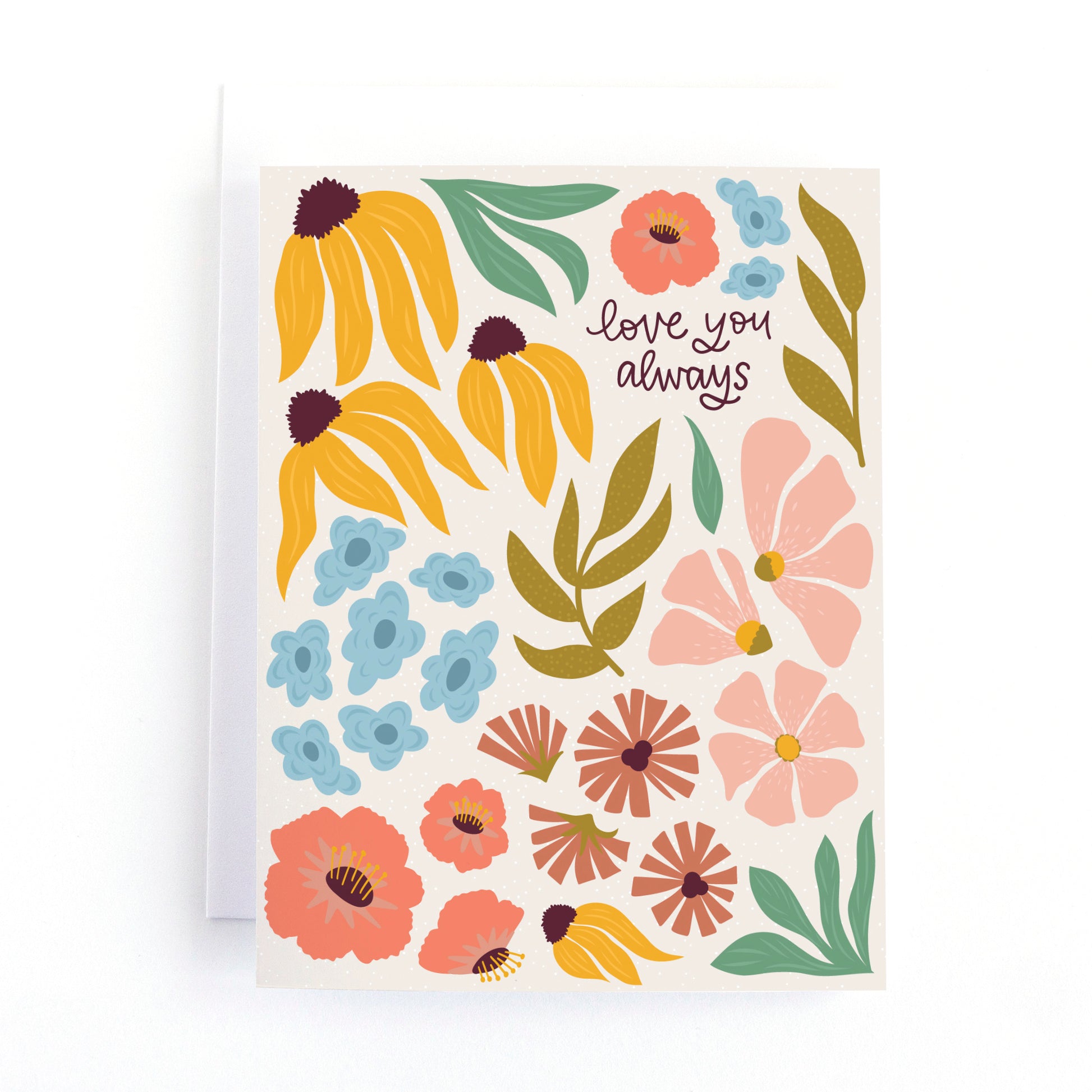Floral Valentine's day card with illustrations of wild flowers and the text love you always