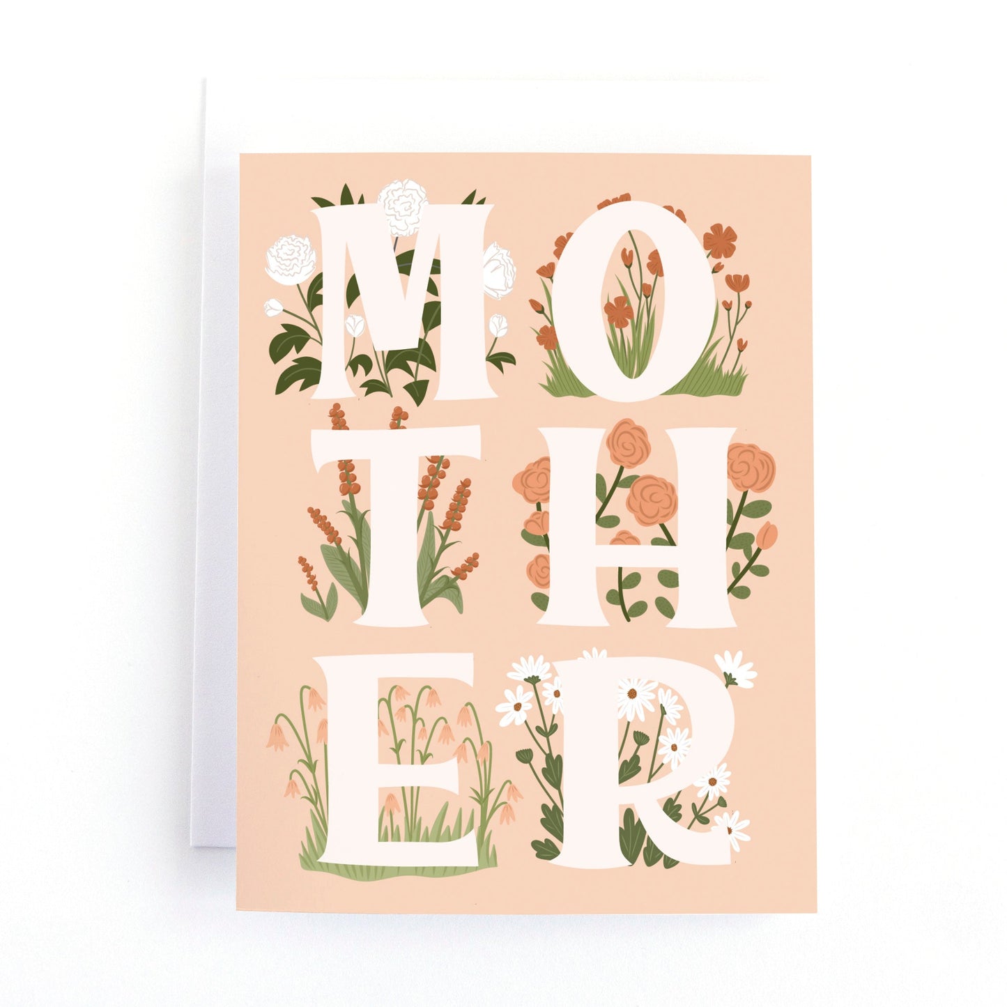 Pink Mother's day card featuring flowers surrounding the word Mother.