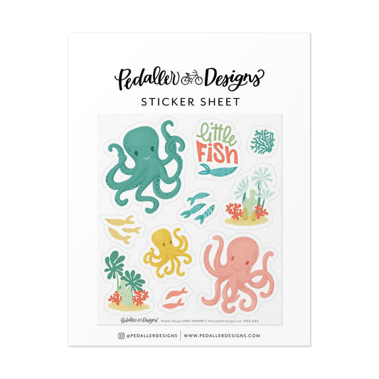 Under the sea themed sticker sheet with stickers sized 1.5 to 0.5 inch featuring octopus, fish and colourful coral