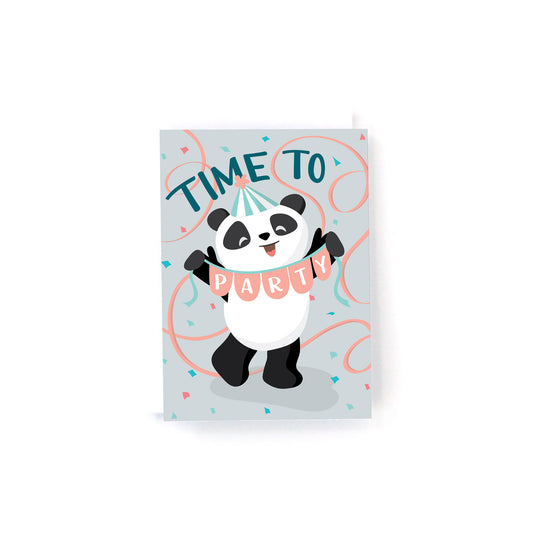 kids mini birthday card with a panda wearing a party hat and holding a garland that says time to party!