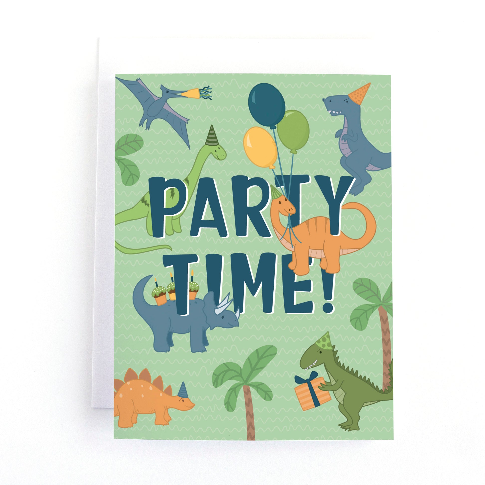 Kids birthday card featuring dinosaurs ready for a birthday celebration with party hats and presents and the text, Party Time!