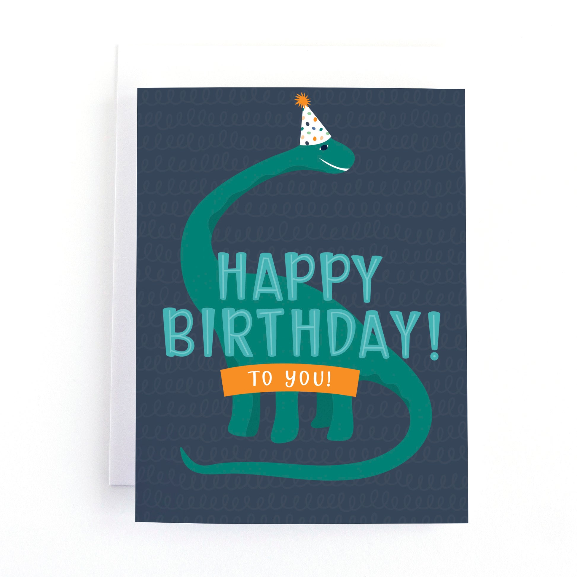 Boy's birthday card with a cute dinosaur wearing a party hat.