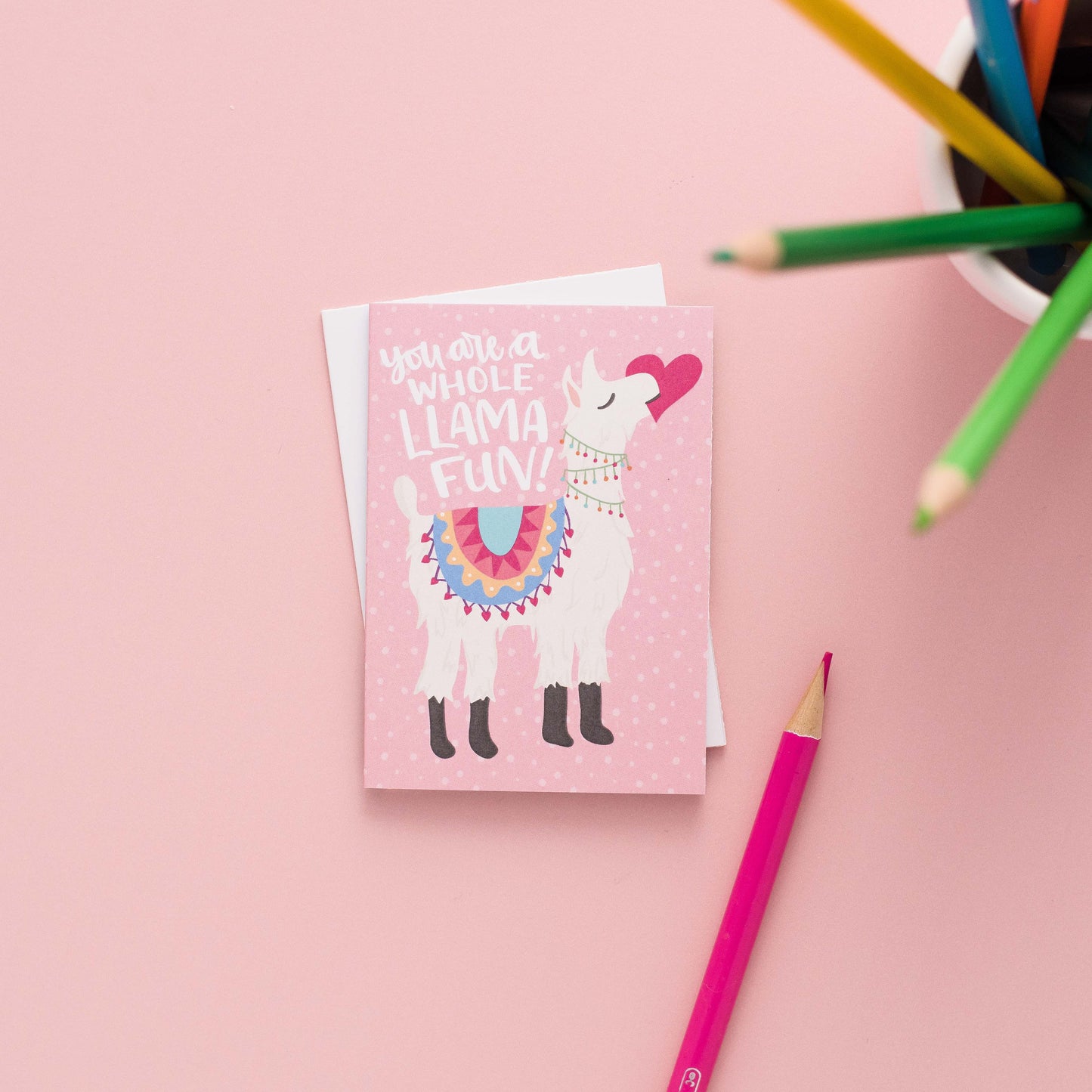 Kid's Valentine card set with 6 mini Llama themed cards, matching stickers and the text, you are a whole llama fun!