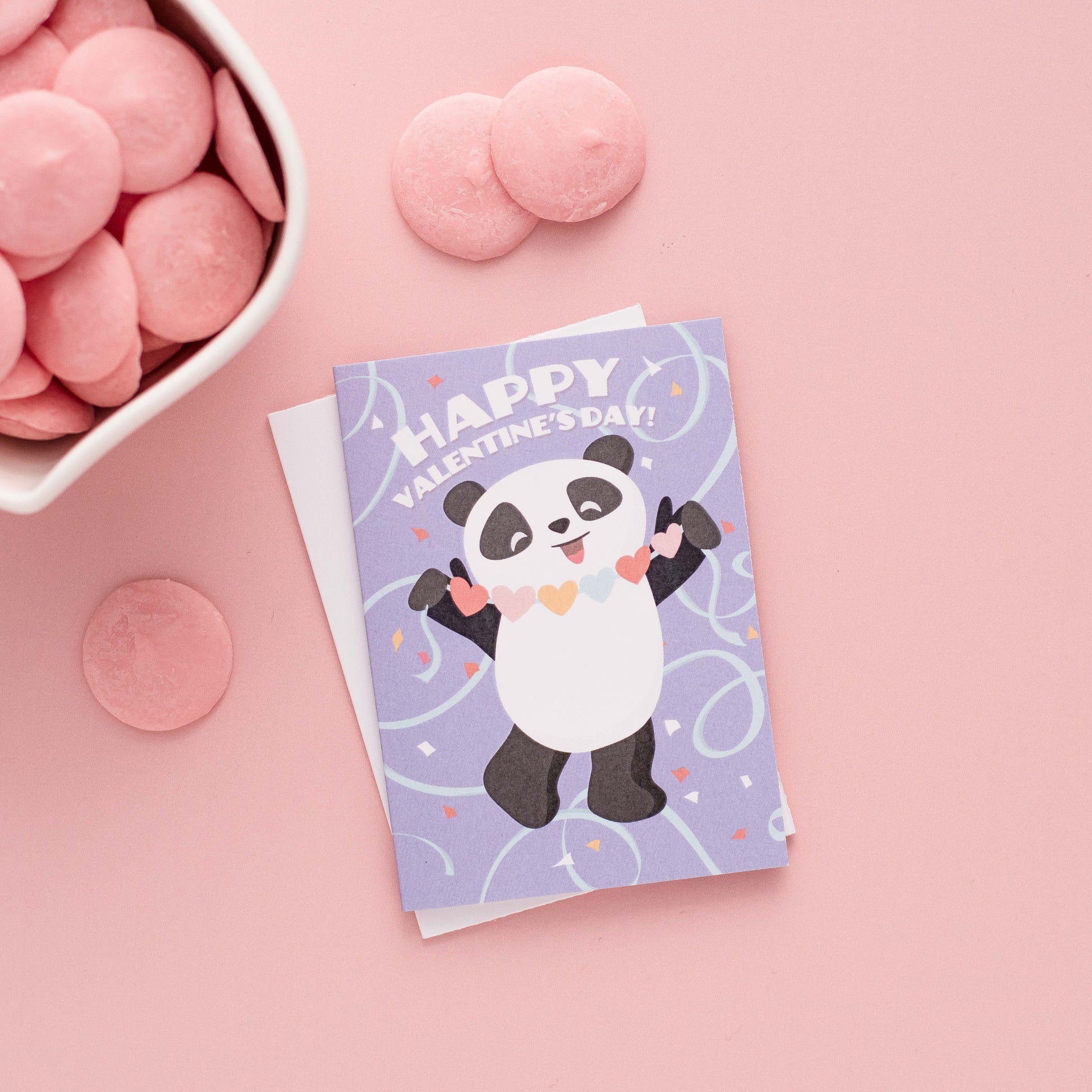 Kid's Valentine card set with 6 mini panda themed cards, matching stickers and the text, Happy Valentine's Day