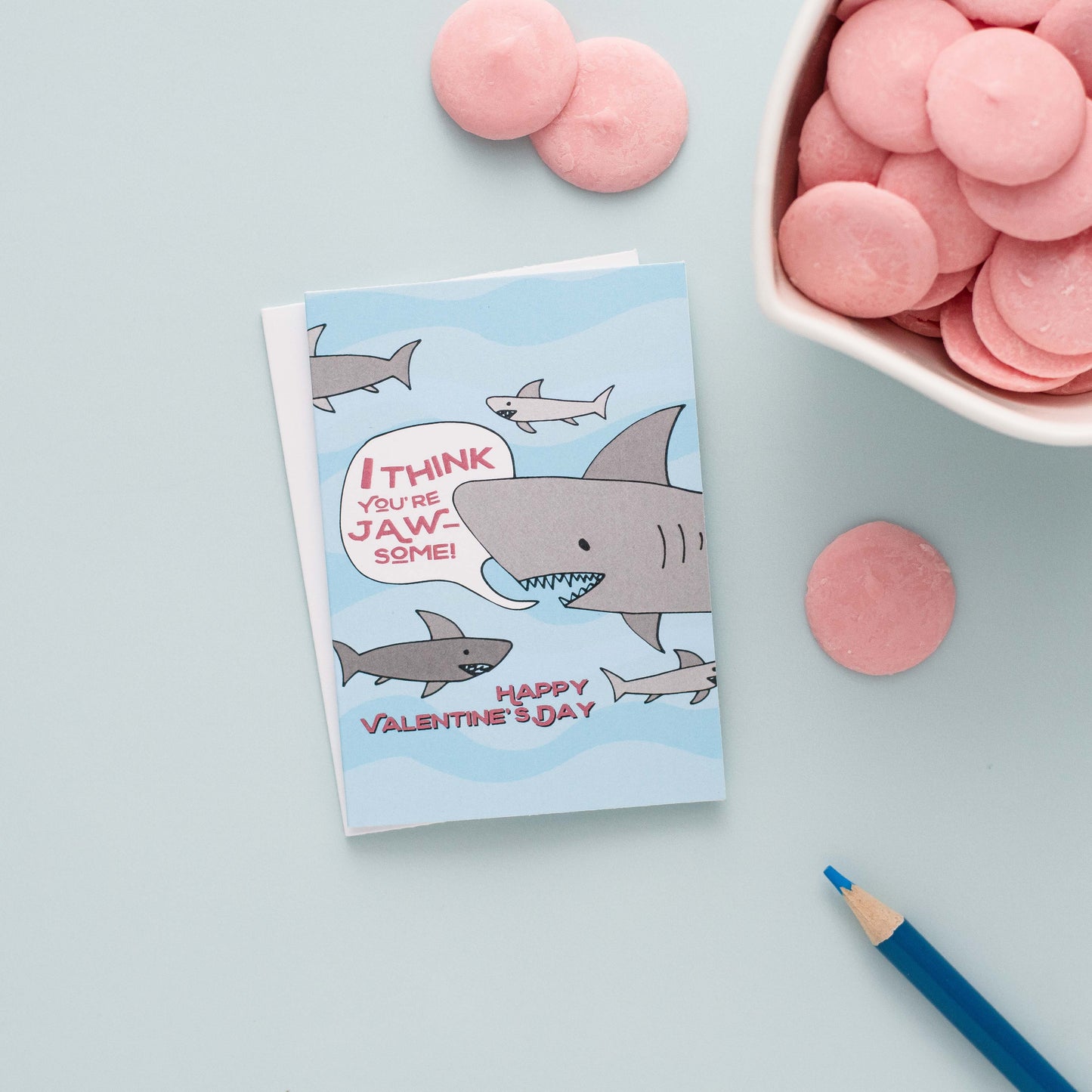 Kid's Valentine card set with 6 mini shark themed cards, matching stickers and the text, I think you're Jaw-some! Happy Valentine's Day