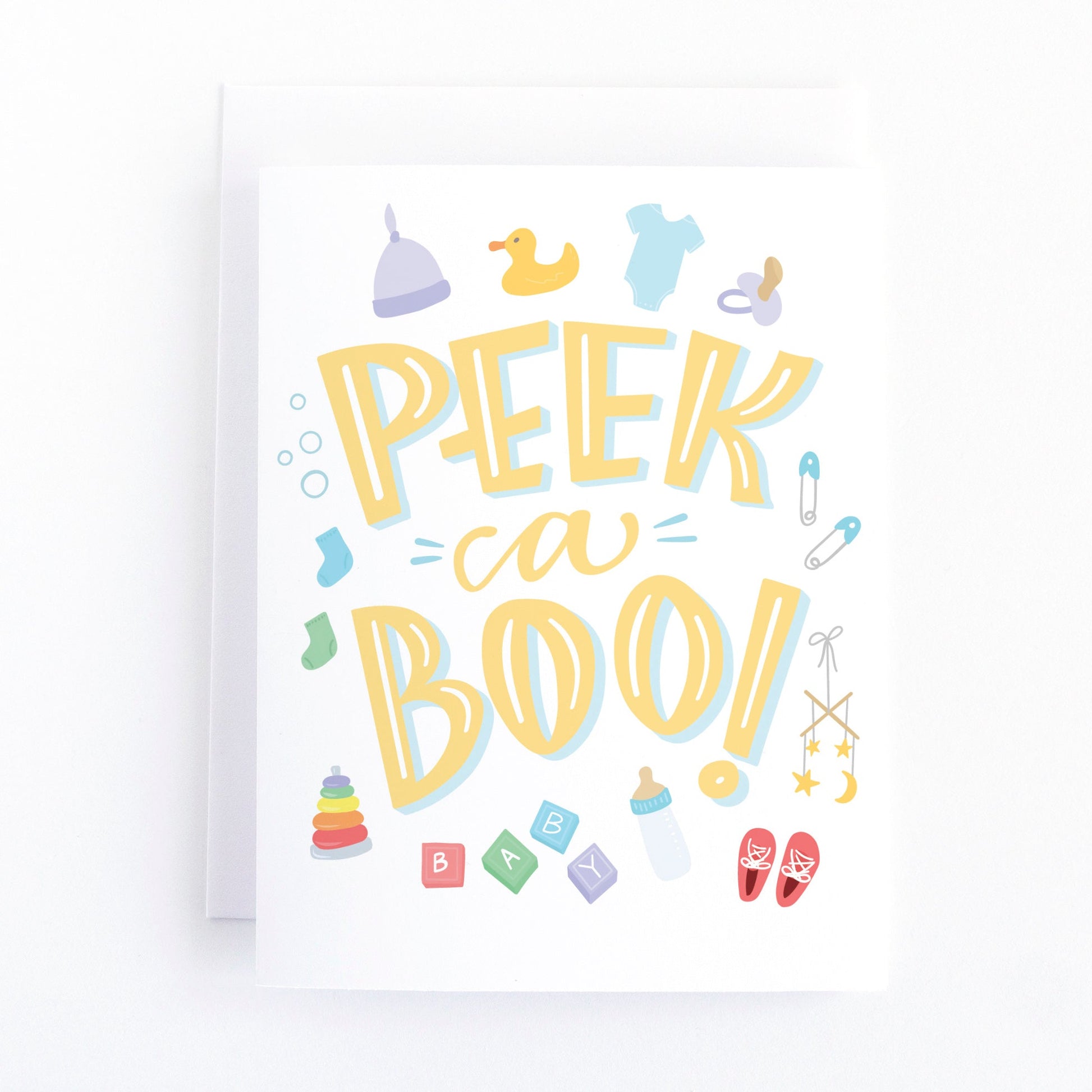 Baby Shower Card featuring the message, Peek a boo! with baby layette and nursery items illustrated in soft pastels