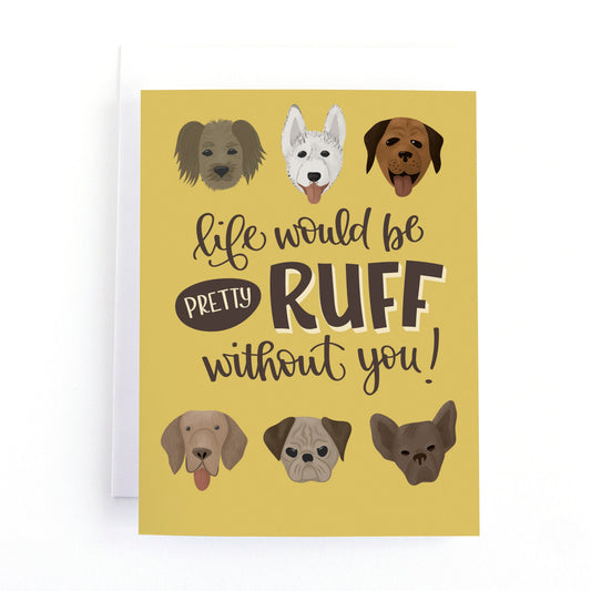 yellow friendship card featuring cute dogs faces and playful lettering. the pun is perfect for dog lovers.