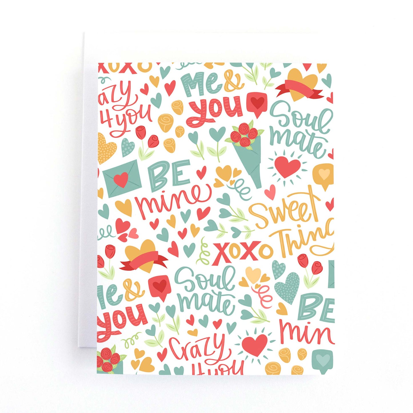 Valentine's day note card with cut doodles and sweet sayings in red yellow and teal.
