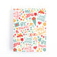 Valentine's day note card with cut doodles and sweet sayings in red yellow and teal.