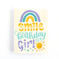 colourful girl's birthday card with and modern rainbow and playful sun.