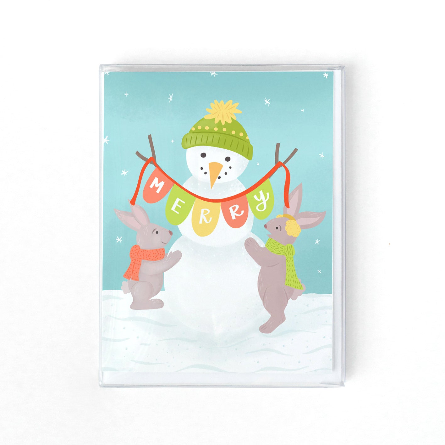 Merry Snowman & Bunnies Christmas Card