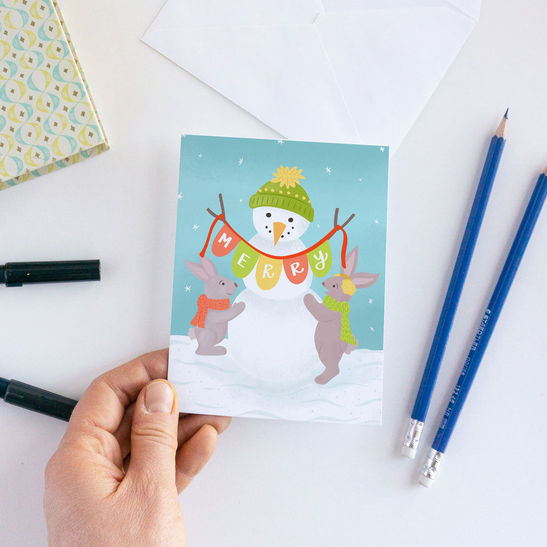 Merry Snowman & Bunnies Christmas Card