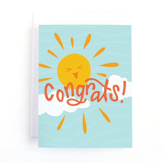 Congratulations cards featuring an illustration of a cute cun and the hand lettered text, Congrats!