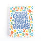 Vibrant kids super hero birthday card with the text, wishing you a super duper birthday surrounded by comic book themed doodles.