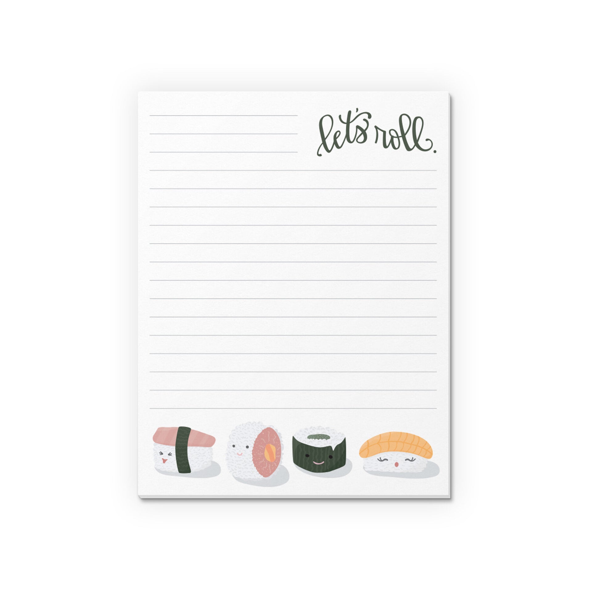 Sushi themed mini notepad with cute illustrations of sushi rolls and the text, let's roll