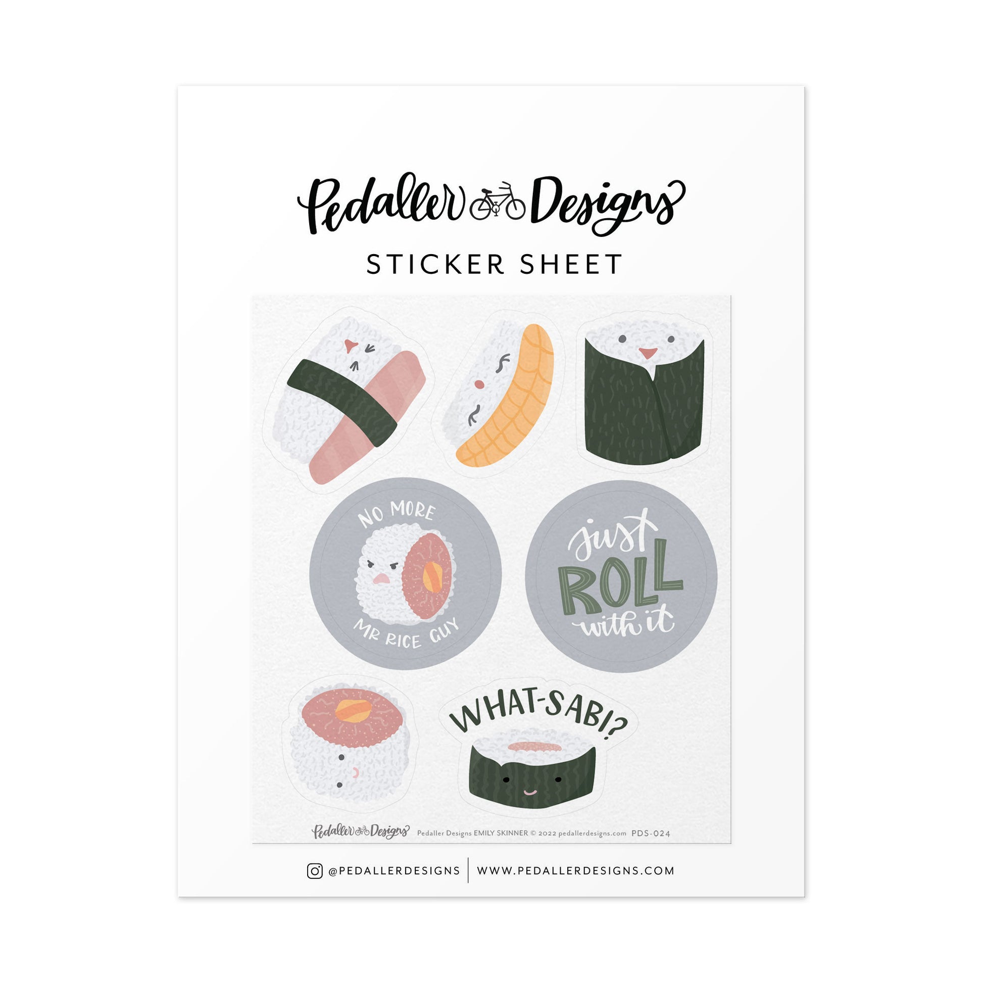 Sushi themed sticker sheet with 7 stickers sized 1.5" to 0.5" of cute kawaii style sushi and punny sayings.