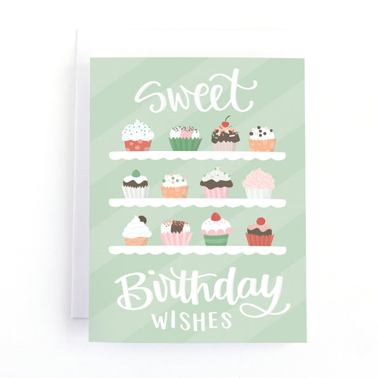 birthday card featuring a bakers display of delicious cupcakes and the message, Sweet birthday wishes