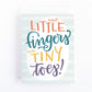 new baby card featuring a hand lettered message "sweet little fingers cute tiny toes" in multi-coloured lettering on a light blue striped background.