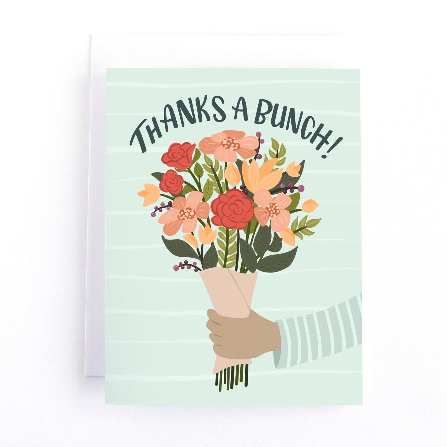 Thank you card with a hand holding a colourful bouquet of flowers on a mint green background and the text, Thanks a Bunch!