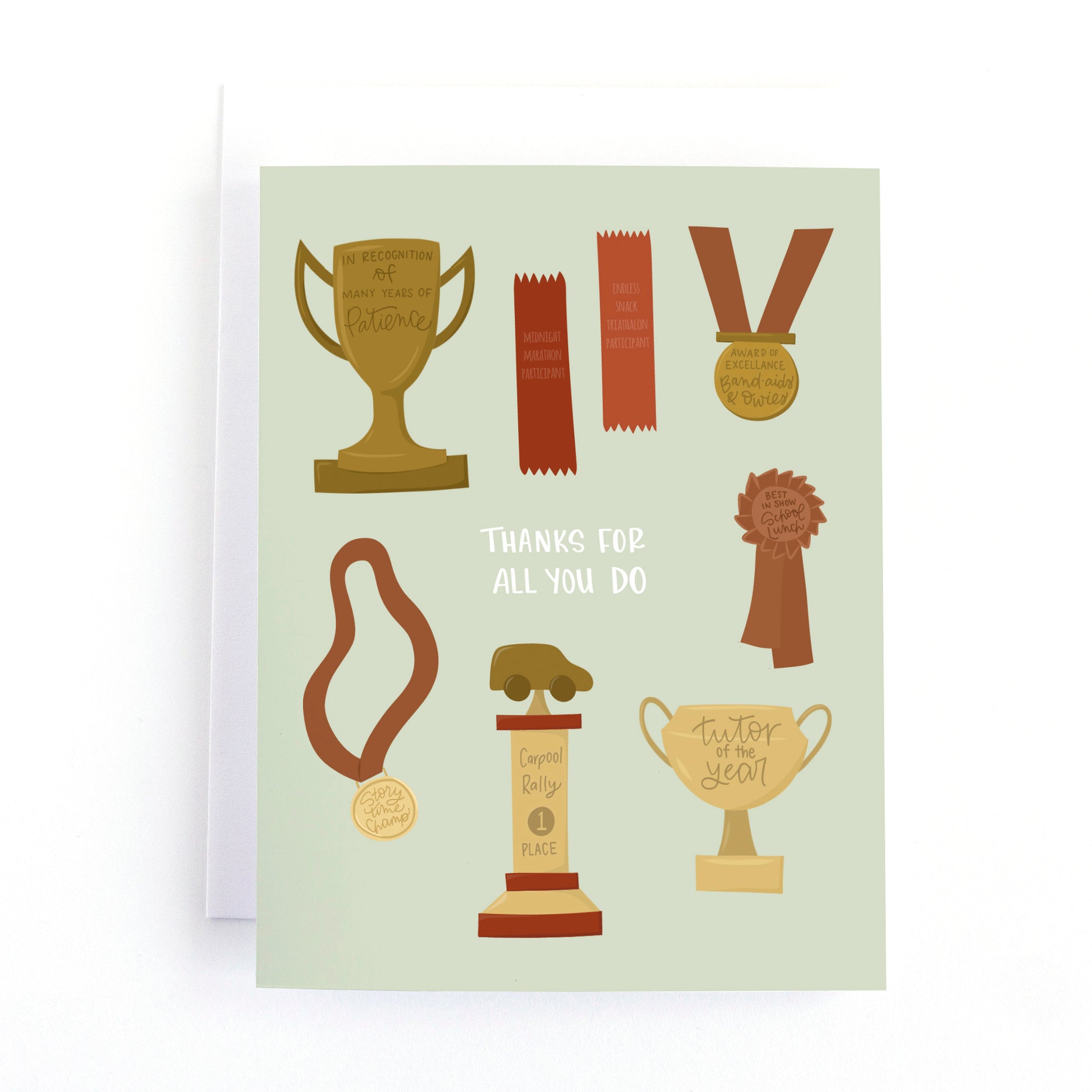 Card for Mom or Dad with illustrations of medals and trophies for all the things that parents do for their kids and says, thanks for all you do.