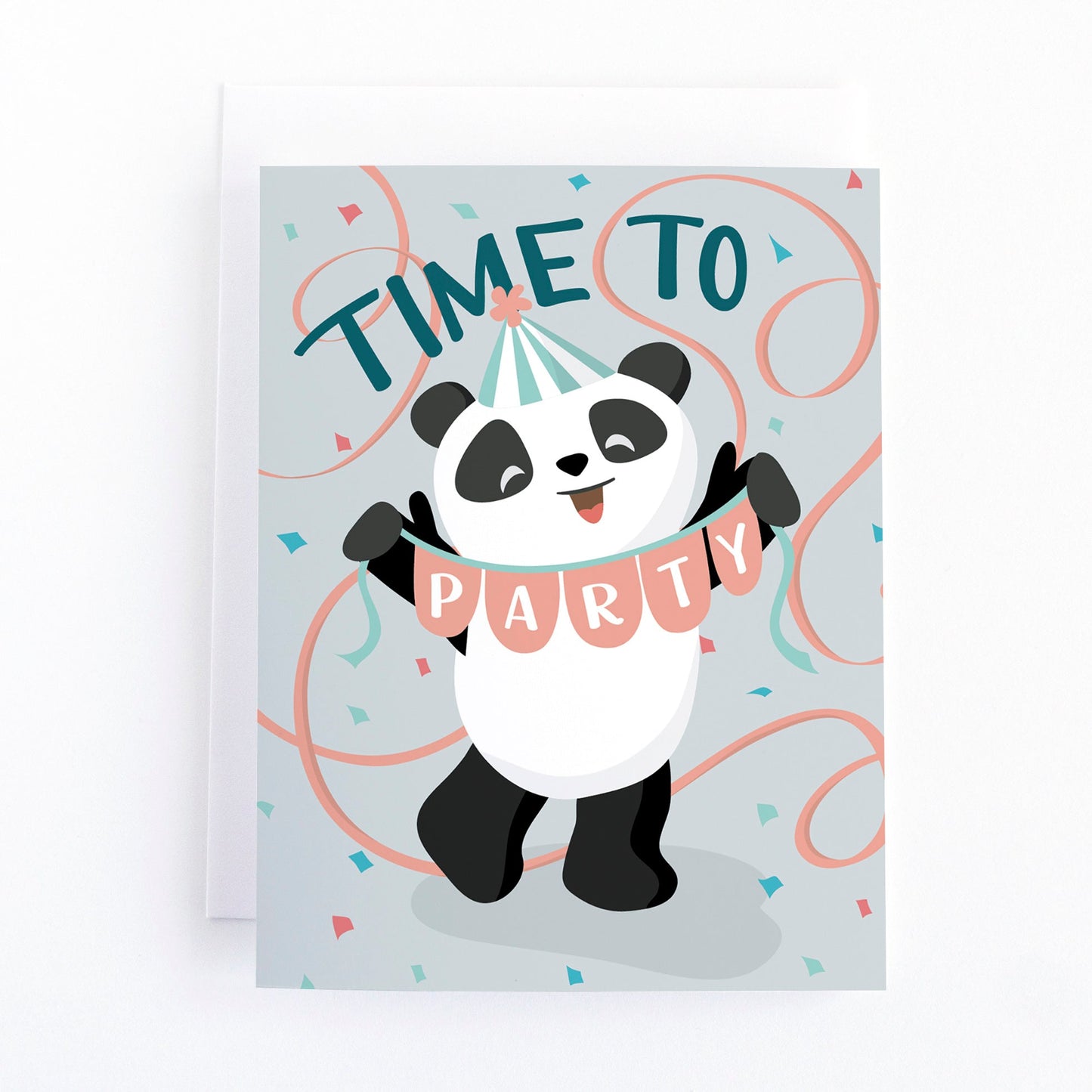 Children's birthday card with a panda wearing a party hat and surrounded by confetti and streamers with the message, Time to Party