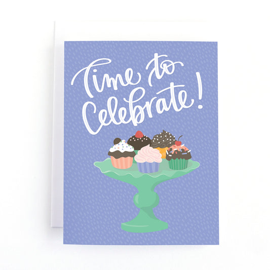 birthday card featuring a display of cupcakes and the text, time to celebrate