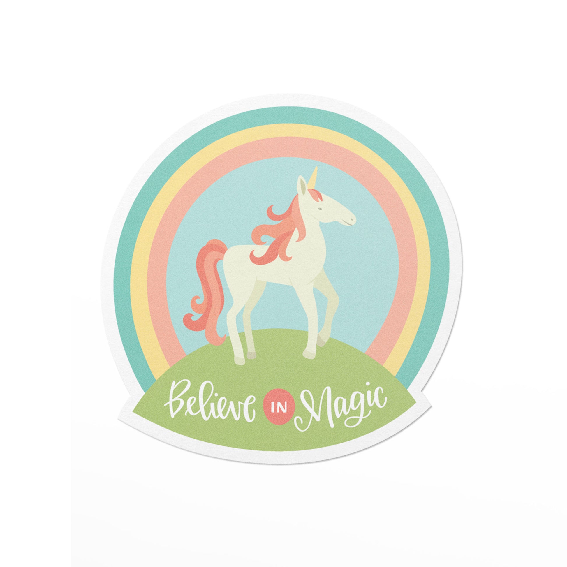 Unicorn vinyl sticker with a rainbow and the words, believe in magic.