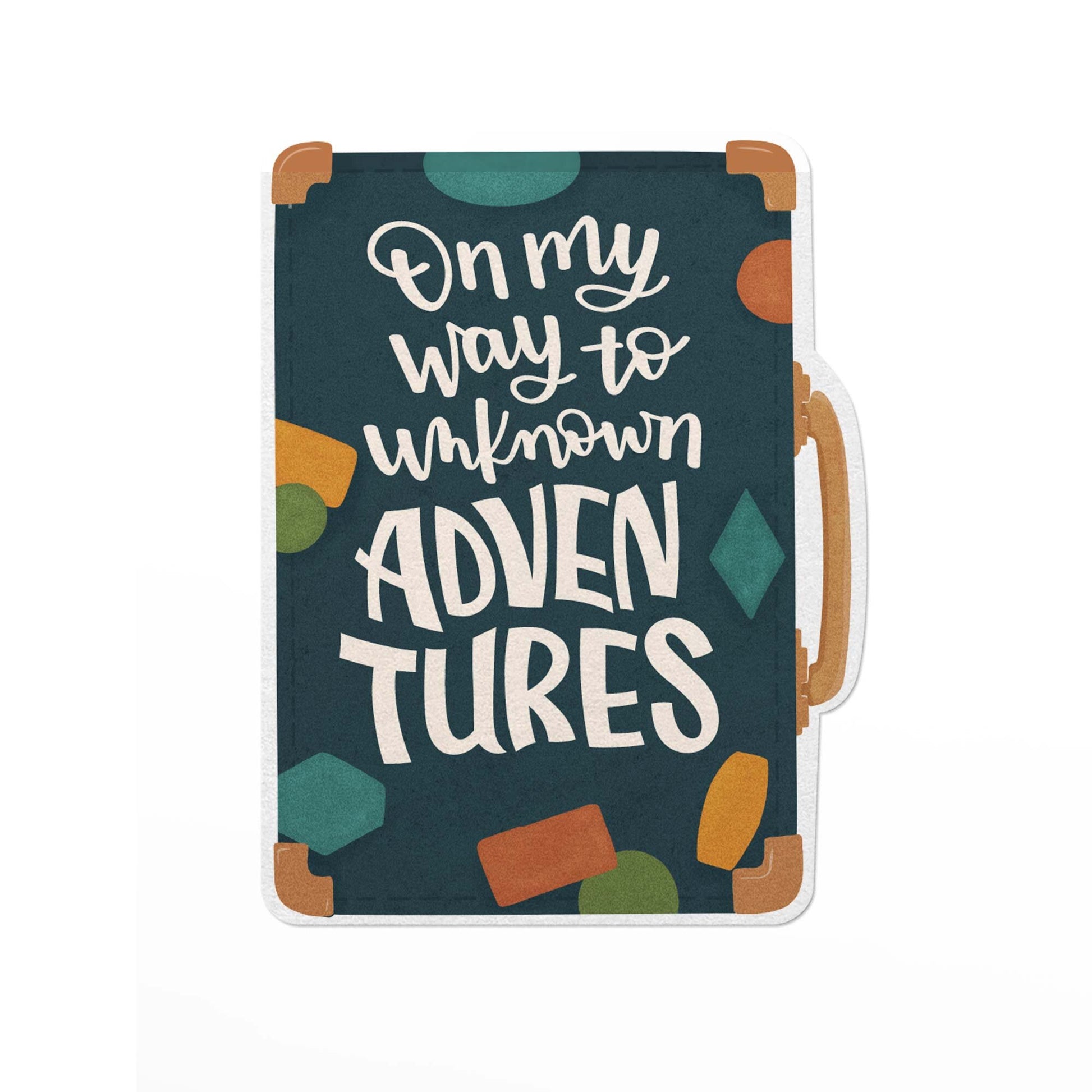 travel themed vinyl sticker with a vintage suitcase and the lettered text,. On my way to unknown adventures