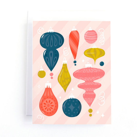 christmas card with illustrations of vintage christmas tree ornaments in a retro colour palette
